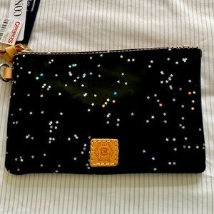 Consuela brand small clutch, black with star silver sparkles.
